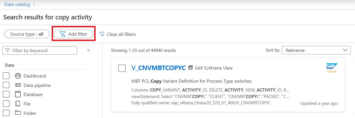 Capture d’écran montrant le bouton Ajouter un filtre mis en évidence sur une recherche dans le Data Catalog.