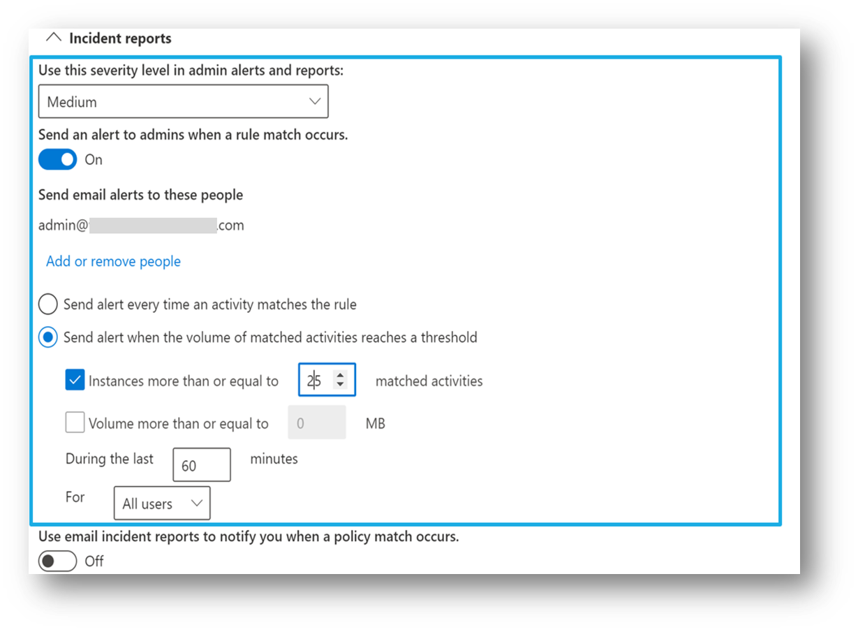 Capture d’écran montrant les options de rapports d’incident pour les utilisateurs éligibles aux options de configuration d’alerte agrégées.