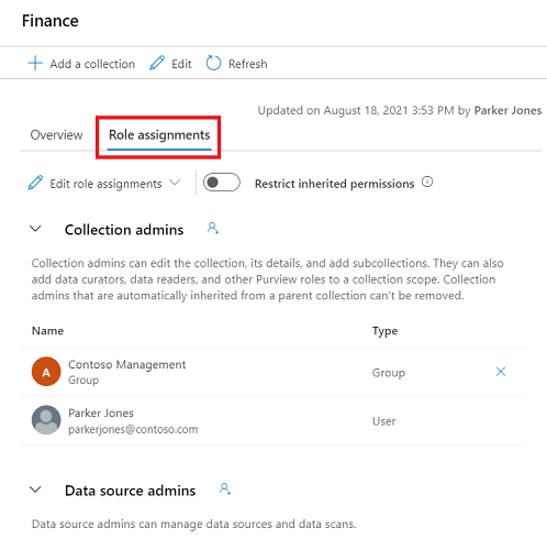 Screenshot of Microsoft Purview governance portal collection window, with the role assignments tab highlighted.