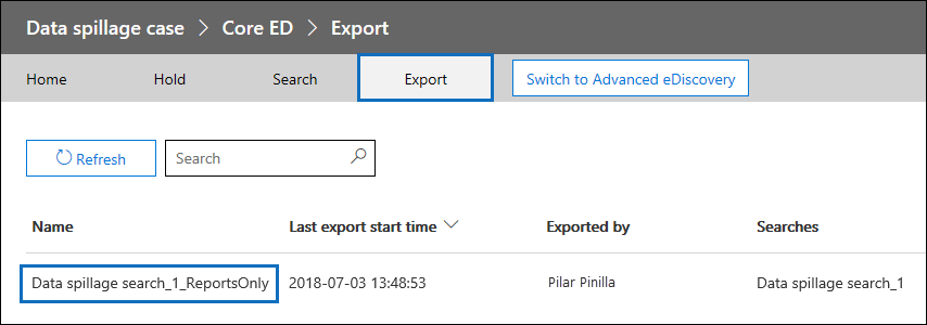 Dans la page Exporter, sélectionnez l’exportation, puis sélectionnez « Télécharger le rapport ».