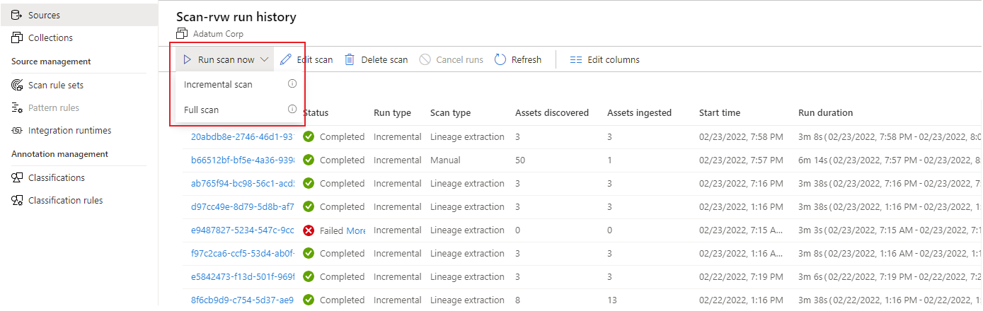 Capture d’écran montrant les options d’analyse complète ou incrémentielle.