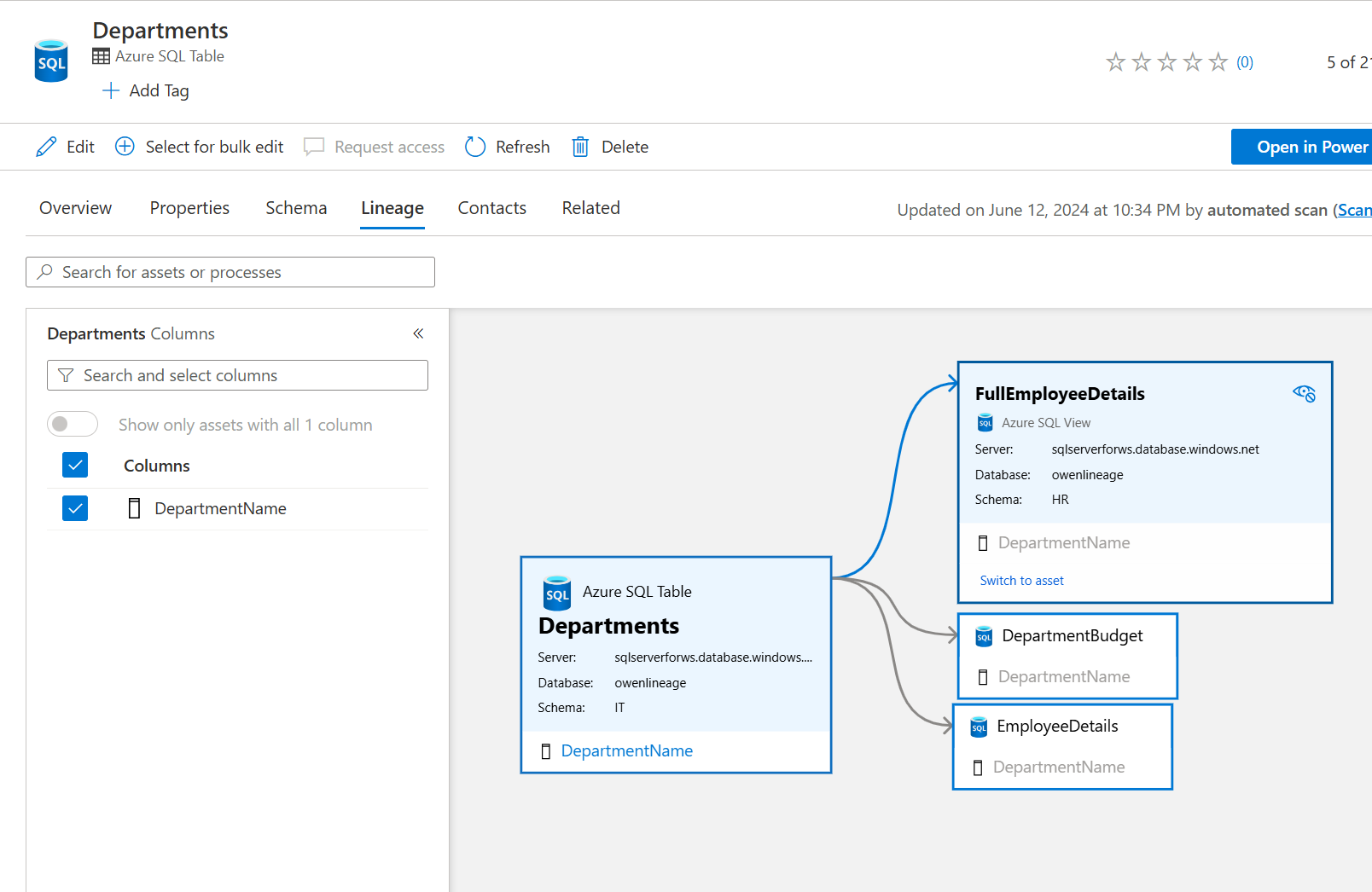 Capture d’écran montrant les détails de traçabilité pour les vues de base de données SQL.