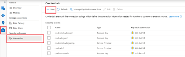 Capture d’écran montrant comment créer des informations d’identification dans Microsoft Purview.