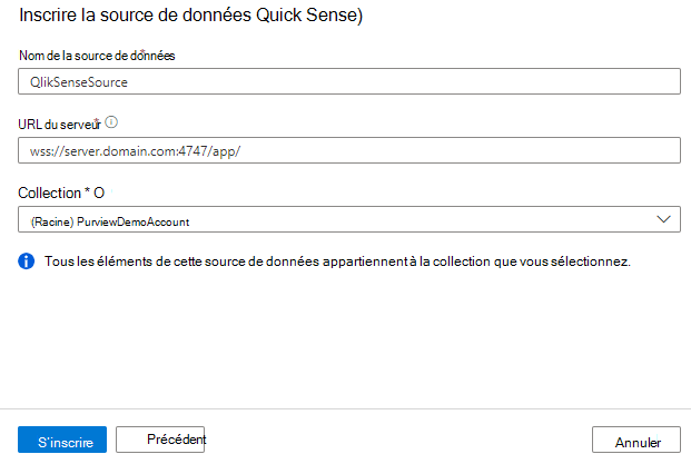 Capture d’écran de l’inscription d’une source Qlik Sense.