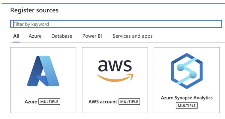 Capture d’écran d’une sélection de sources dans Microsoft Purview, notamment Azure Synapse Analytics.