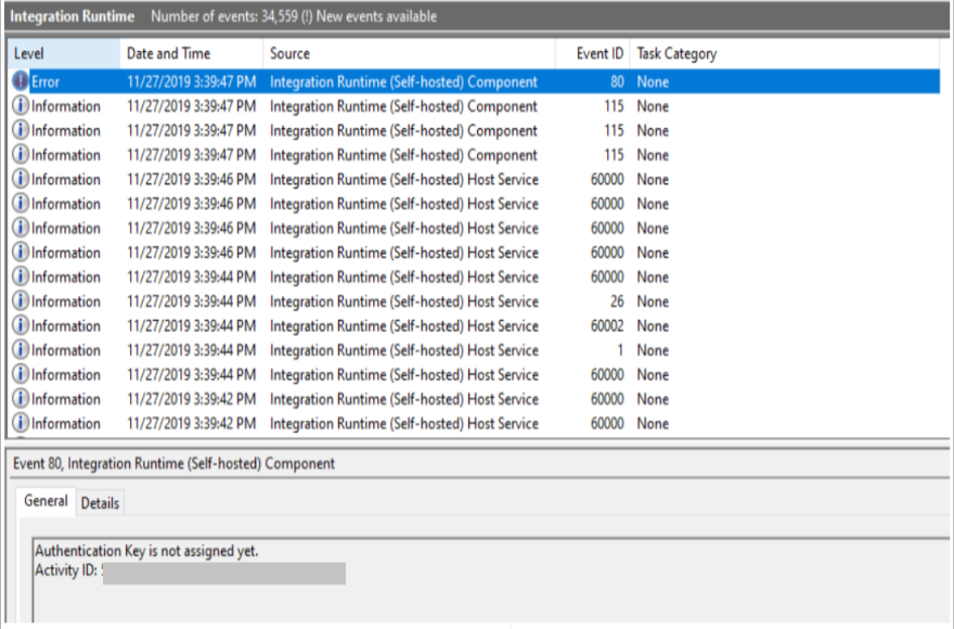 Capture d’écran du volet d’événements du runtime d’intégration montrant que la clé d’authentification n’est pas encore affectée.
