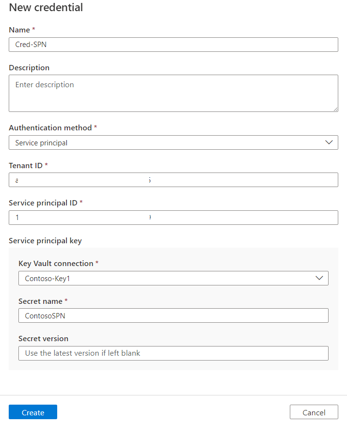 Capture d’écran du menu des nouvelles informations d’identification, montrant les informations d’identification d’infrastructure pour le SPN avec toutes les valeurs requises fournies.