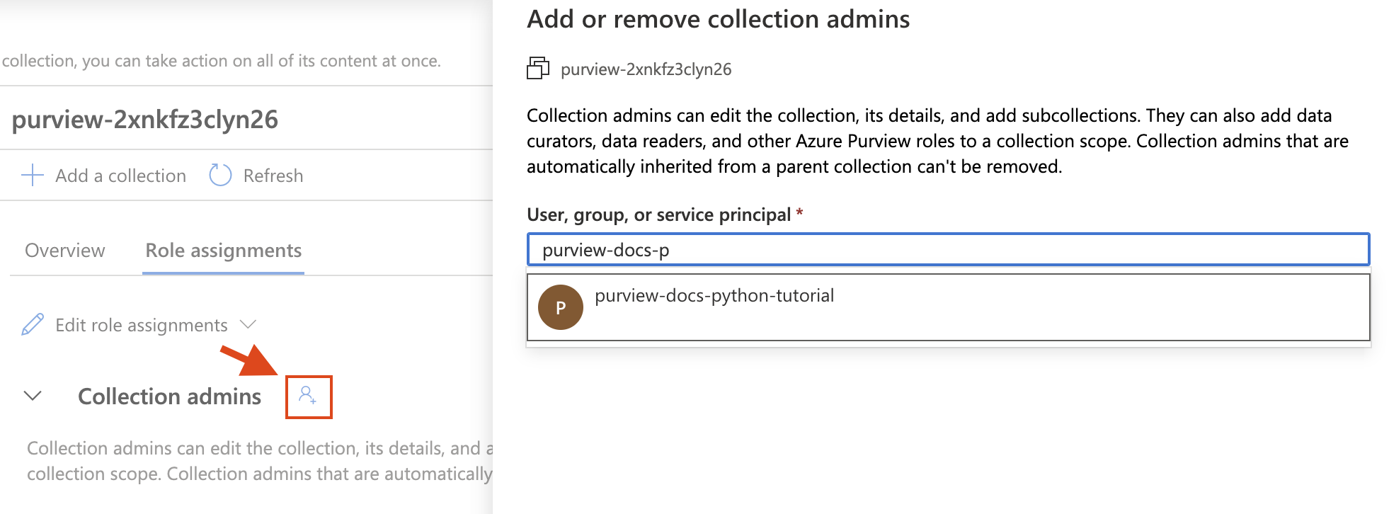 Capture d’écran du menu Attributions de rôles sous une collection dans le portail de gouvernance Microsoft Purview. Le bouton Ajouter un utilisateur est sélectionné en regard de l’onglet Administrateurs du regroupement. Le volet Ajouter ou supprimer des administrateurs de collection s’affiche, avec une recherche du principal de service dans la zone de texte.