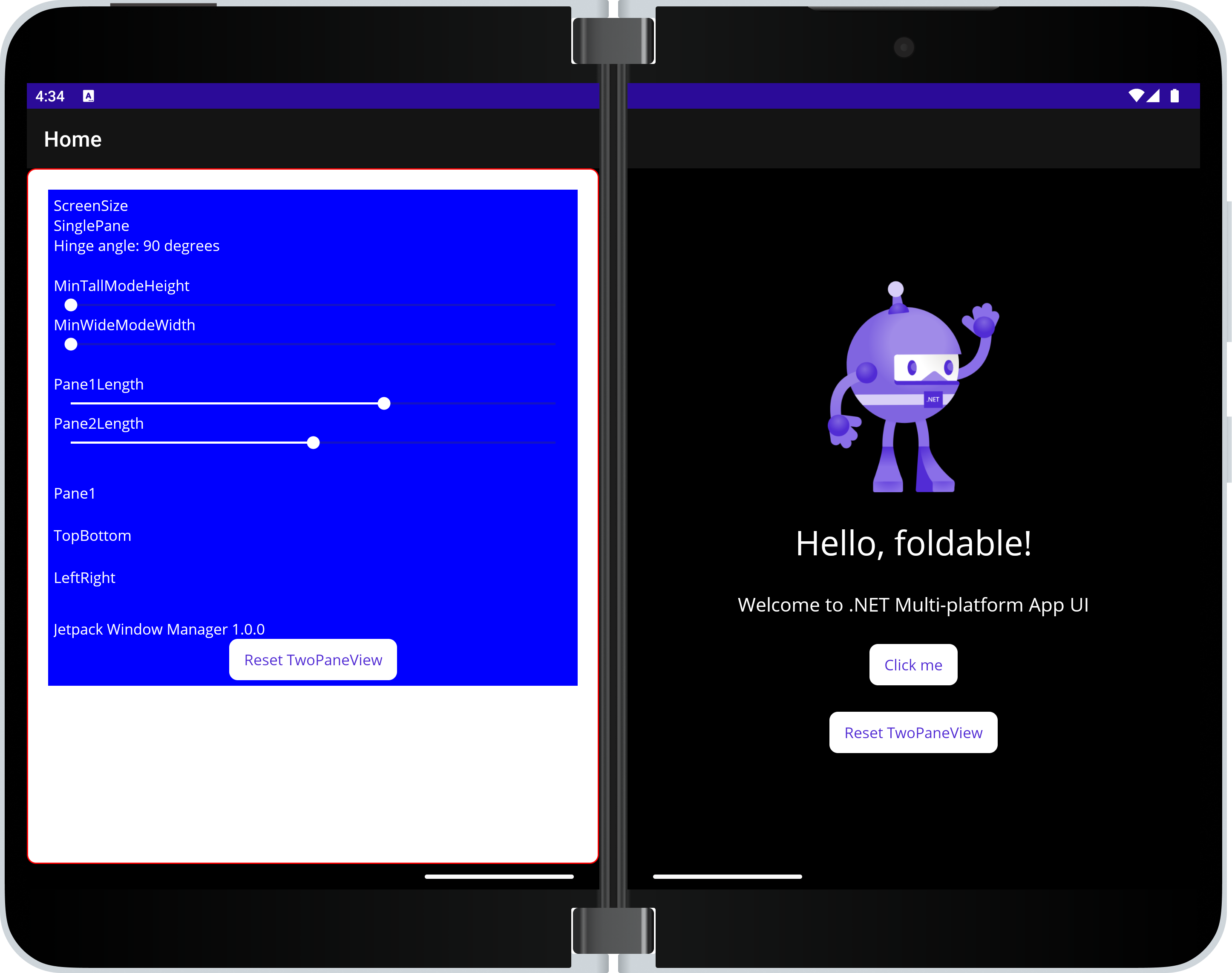 Surface Duo emulator showing the TwoPaneView playground sample app