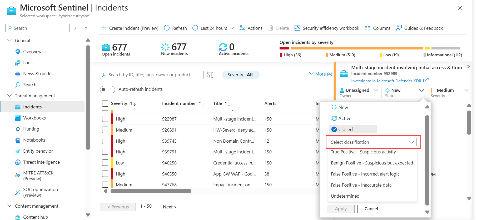 Capture d’écran de la résolution d’un incident dans Microsoft Sentinel.