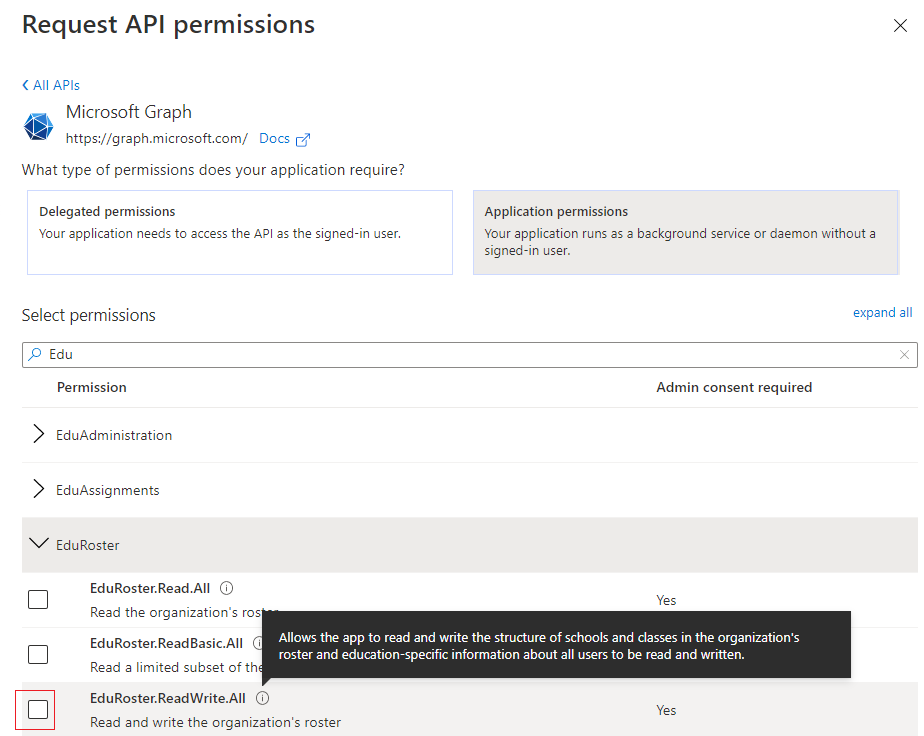 Capture d’écran d’un élément d’autorisation d’API avec une info-bulle.