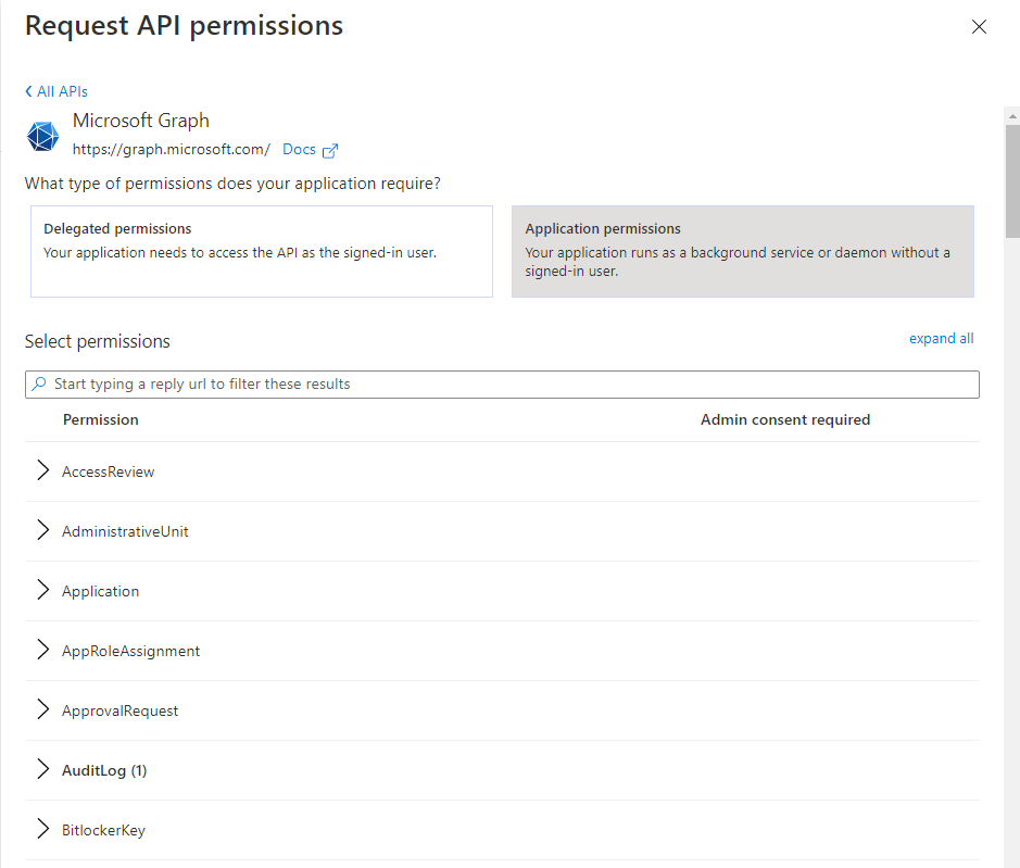 Capture d’écran de différents types d’autorisations d’API.