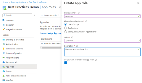 La capture d'écran de l'écran Créer un rôle d'application montre les types de membres autorisés : Utilisateurs/Groupes.