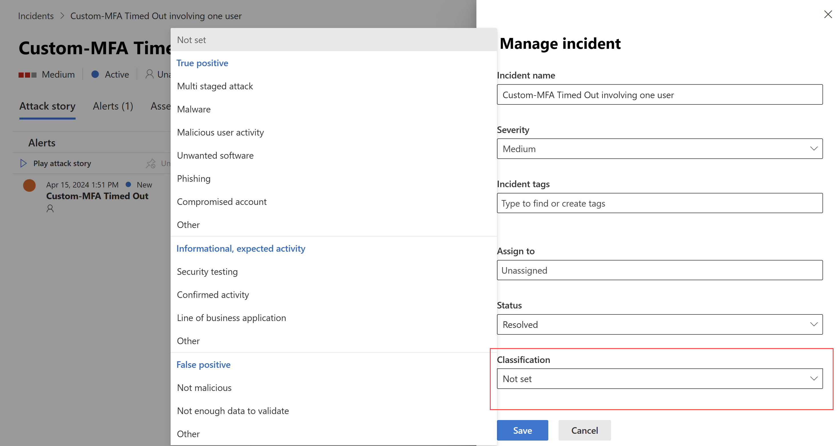 Screenshot of resolving an incident in the Defender portal.