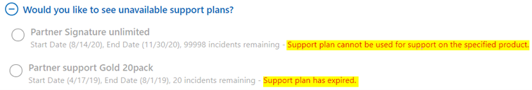 « Souhaitez-vous voir des plans de support non disponibles ? », avec les messages d’erreur mis en surbrillance.