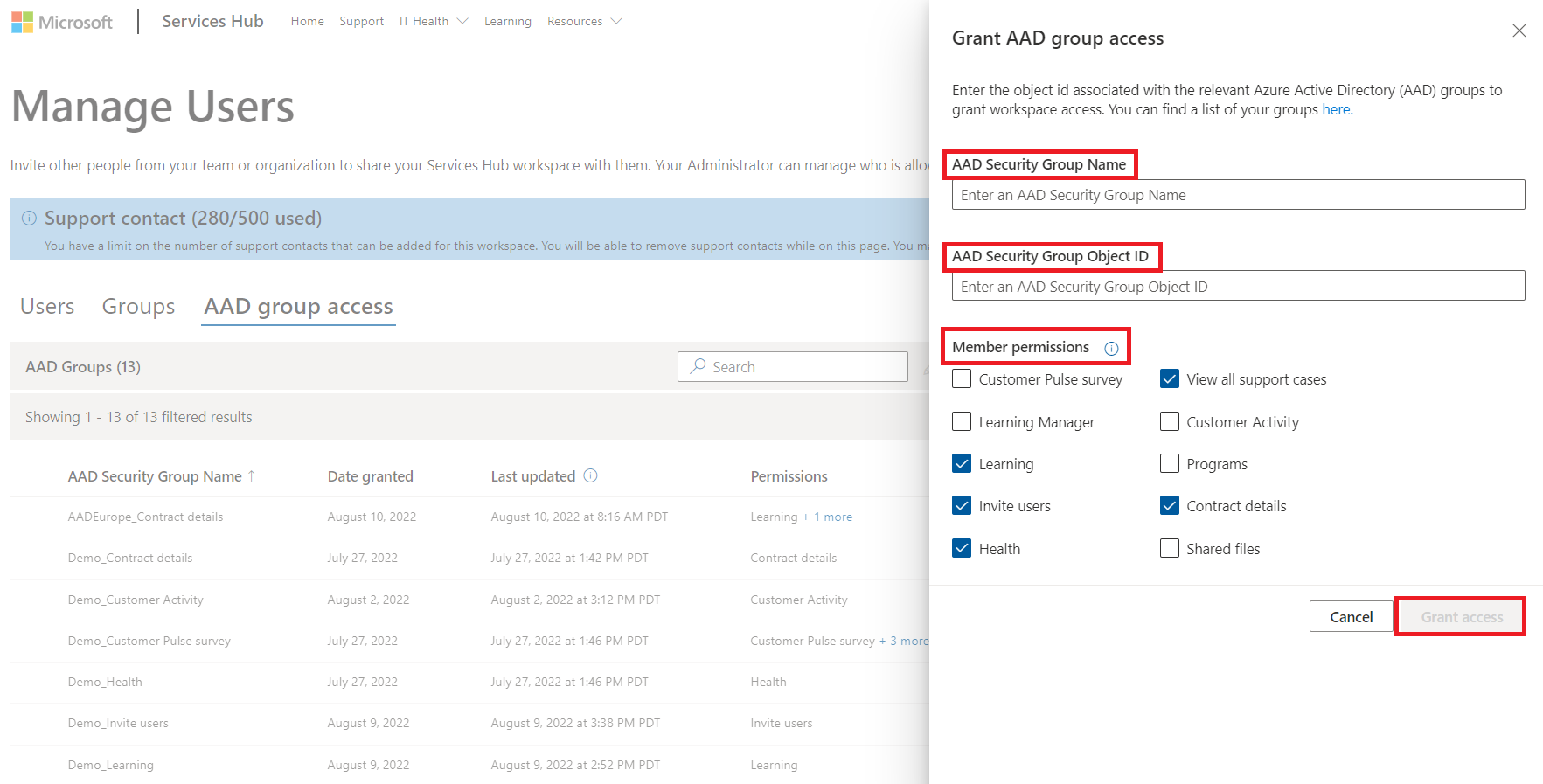 Image montrant le volet Accorder l’accès au groupe Microsoft Entra ouvert à l’écran, avec la sélection de différentes autorisations.