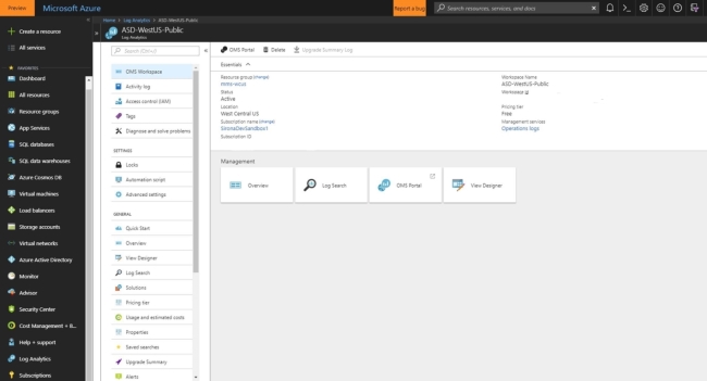 Fenêtre Portail Microsoft Azure montrant une liste d’espaces de travail Log Analytics au sein de l’organisation de l’utilisateur.