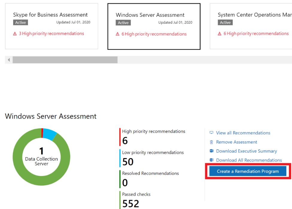 Évaluation Windows Server montrant un graphique en anneau avec le nombre de recommandations et le bouton Créer un programme de correction mis en surbrillance.