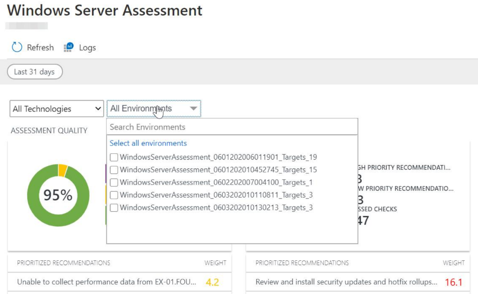 Évaluation Windows Server montrant un graphique en anneau relatif à la qualité de l’évaluation avec des options pour plusieurs environnements.