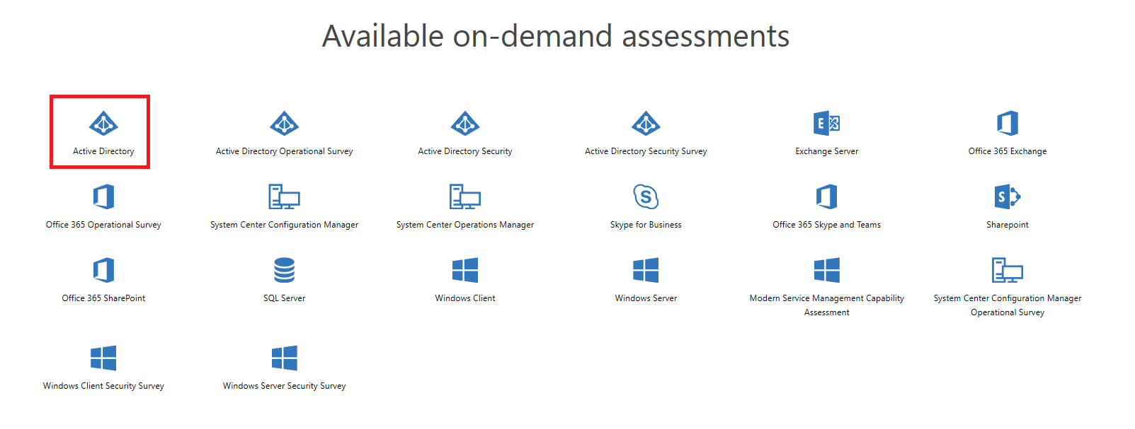 Page Évaluations à la demande disponibles avec l’évaluation Active Directory mise en évidence.