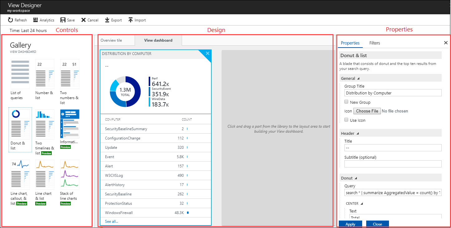 Écran du concepteur de vues d’Azure Log Analytics dans lequel l’utilisateur peut configurer ses vues avec des requêtes séparant ses environnements.