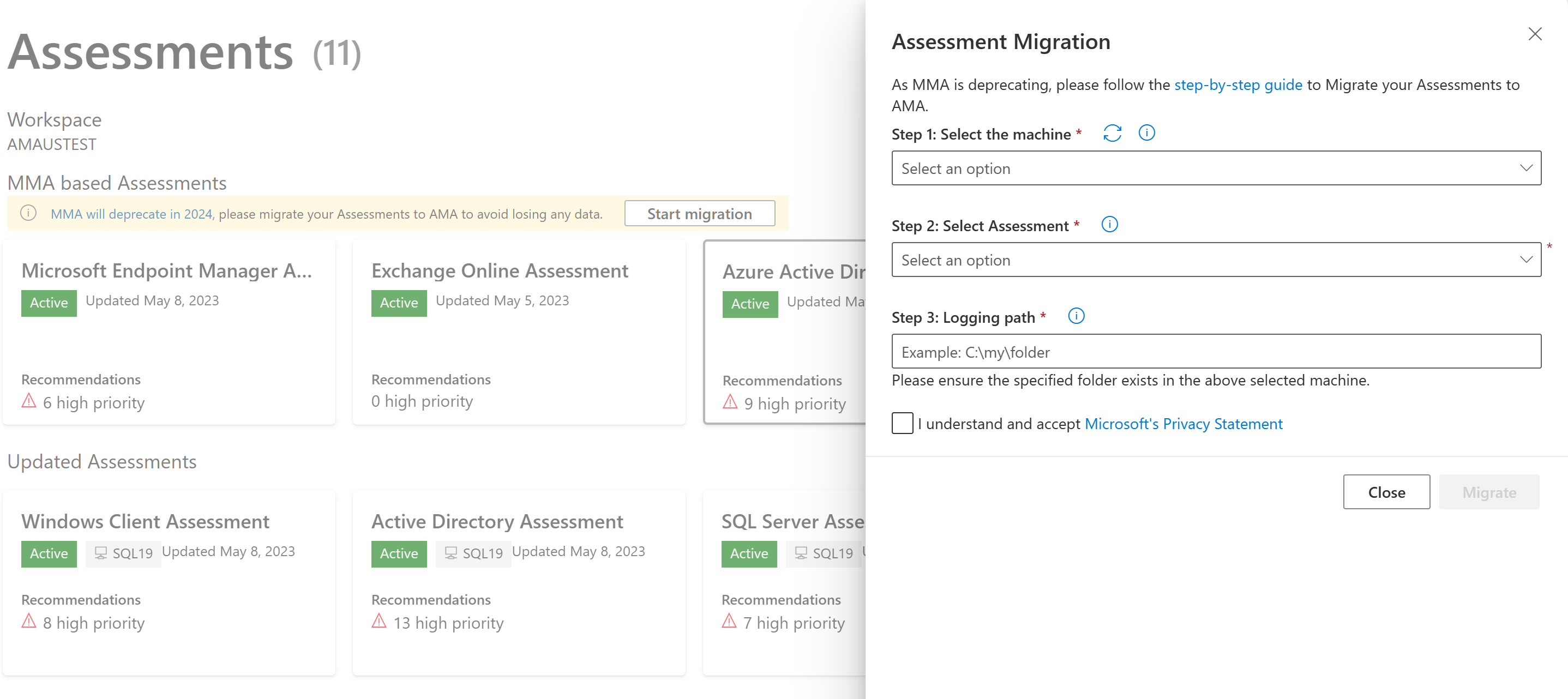 Portail Services Hub - Intégrité informatique - Évaluations basées sur MMA - Panneau de migration.