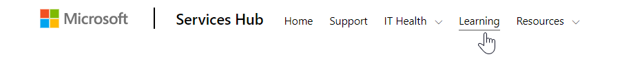 Sélection de la rubrique Apprentissage à partir de la navigation principale du Services Hub