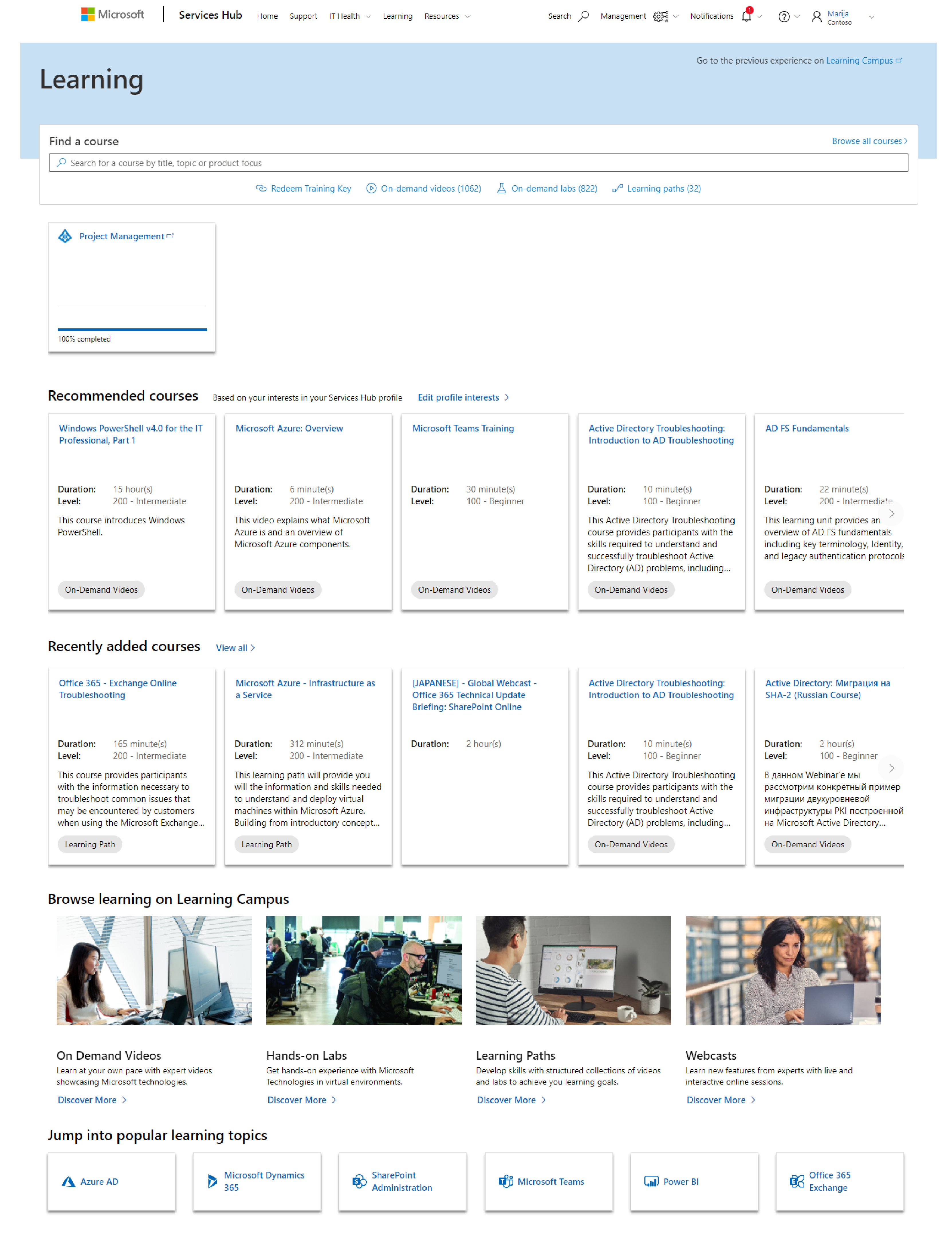 Page de destination de la section Apprentissage, avec les onglets Mes apprentissages, Cours recommandés, Cours ajoutés récemment, Parcourir les formations sur le Learning Campus et Accéder aux sujets d’apprentissage populaires