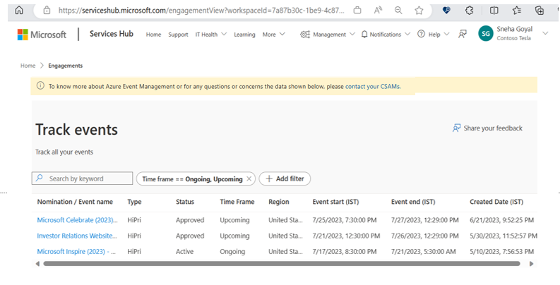 Site Services Hub montrant une liste d’événements sur la page Engagements.