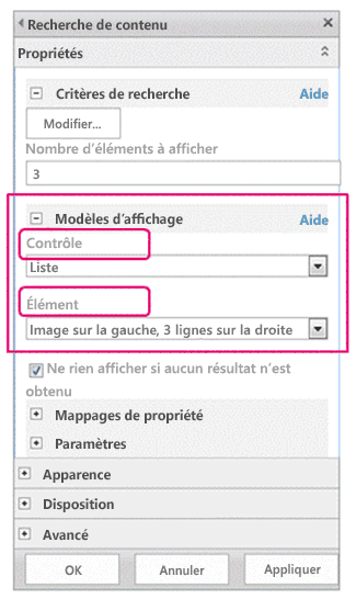 Volet d’outils du composant WebPart de recherche de contenu