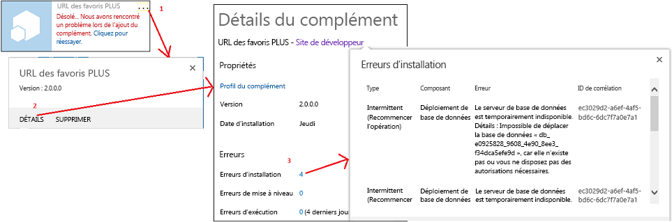 Étapes pour l’affichage des erreurs d’installation de complément dans SharePoint.