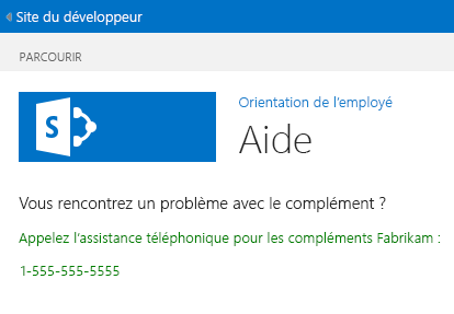 Page SharePoint avec le titre « Aide ». Il existe une ligne d’en-tête en noir, suivie de deux lignes de texte en vert.