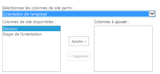 Contrôle de sélection de colonne SharePoint, avec l’option Orientation de l’employé sélectionnée dans la liste déroulante Sélectionner des colonnes de site.