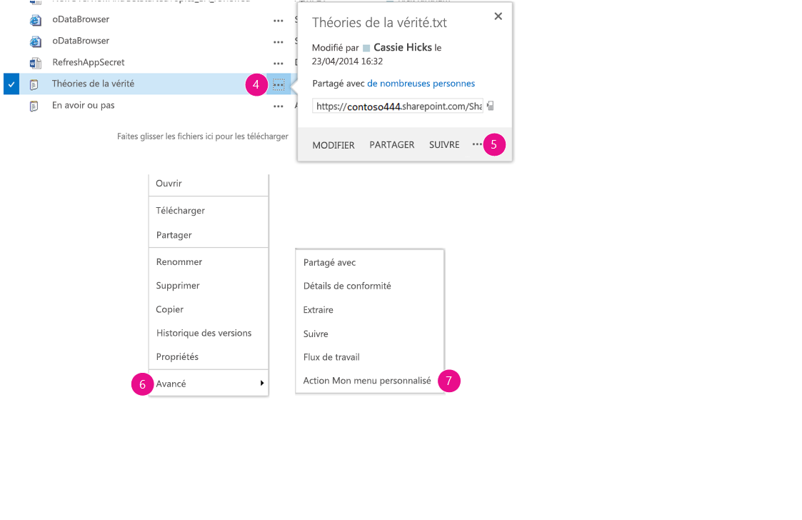 Ouverture de la bibliothèque de documents avec la légende d’un document, du menu par le bouton de légende et du menu avancé.