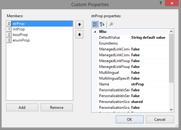 Boîte de dialogue des propriétés personnalisées de composant WebPart client avec 4 propriétés indiquées sur la gauche, chacune disposant de 5 attributs définis sur la droite.