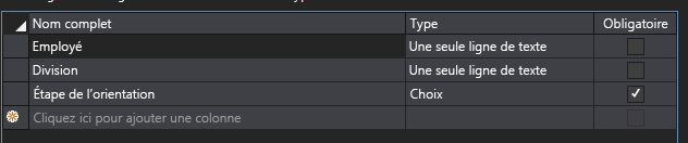 Onglet Colonnes du concepteur de type de contenu avec les éléments « Employés », « Division » et « Étape d’orientation » indiqués dans la grille.