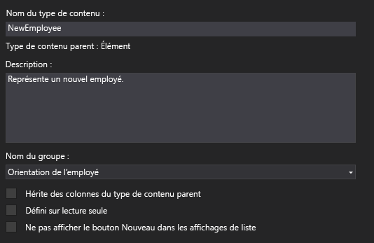 Concepteur de type de contenu affichant « NewEmployee » comme nom de type, « Représente un nouvel employé » comme description et « Orientation de l’employé » comme groupe.