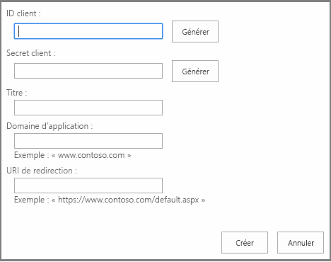 Formulaire de la page Nouveau registre de l’application avec des zones pour l’ID client, la clé secrète client, le titre, le domaine de l’application et l’URL de redirection. Les boutons nommés « générer » sont en regard des deux premiers. Dans le coin se trouvent les boutons Créer et Annuler.