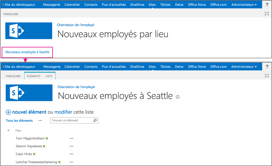 La page par défaut du complément s’affiche avec son titre Nouveaux employés par lieu. Il existe un lien portant le libellé Nouveaux employés de Seattle. Une flèche à partir de ce lien pointe vers la page d’affichage de liste pour la liste. Son titre est Nouveaux employés de Seattle, avec la liste en dessous.