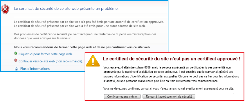 Avertissements IE et Chrome pour le certificat auto-signé