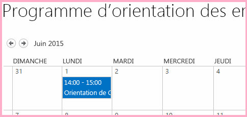 Calendrier intitulé Programme d’orientation de l’employé avec un élément le 1er juin indiquant « Orientation Charline Leblanc »