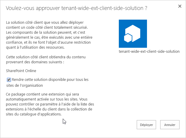 Approbation du package SharePoint Framework déployé vers un catalogue d’applications client