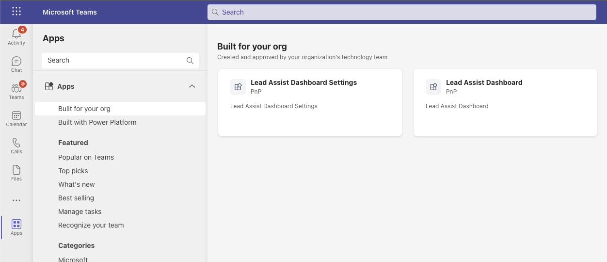 Tableau de bord de l’Assistant Responsable Microsoft Teams - Teams Ajouter des options d’application