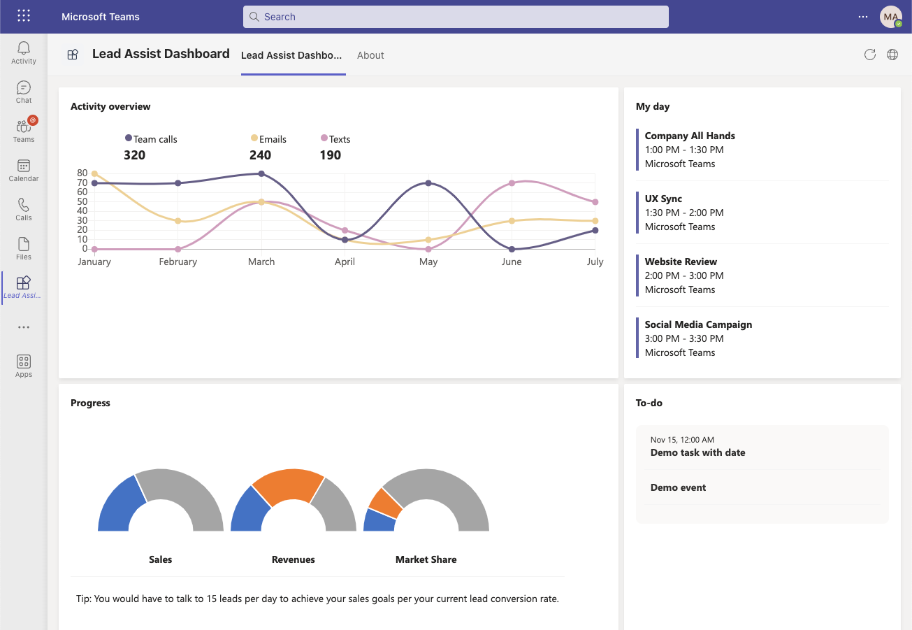 Exemple d’application Microsoft Teams - Tableau de bord Lead Assist