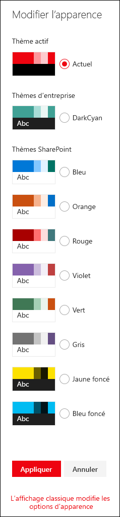 Image présentant une liste de thèmes par défaut et foncés (inversés)