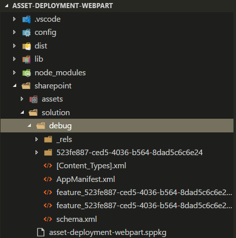 Capture d’écran montrant le dossier debug sous le dossier sharepoint dans la structure de la solution