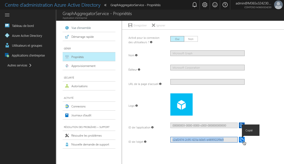 Valeur de la propriété « ID de l’objet » copiée dans le presse-papiers dans le portail Azure AD