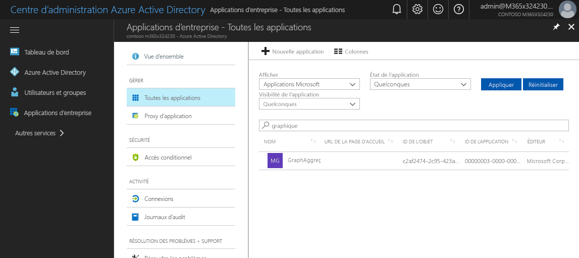 Recherche de « graph » dans la liste d’applications Azure AD disponibles dans le portail Azure AD