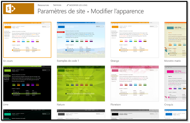 Capture d’écran montrant les apparences composées disponibles dans paramètres > du site Modifier l’apparence