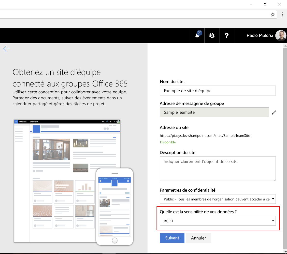 Option de classification de site lors de la création d’un site « moderne » dans SharePoint Online